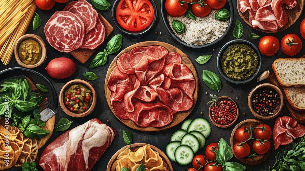 Dark-themed flat lay of fresh meat, tomatoes, basil, and condiments for creative cooking Dark-themed flat lay of fresh meat, tomatoes, basil, and condiments for creative cooking
