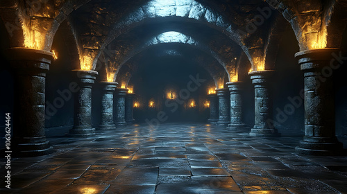 Dark Stone Hallway 3D Render