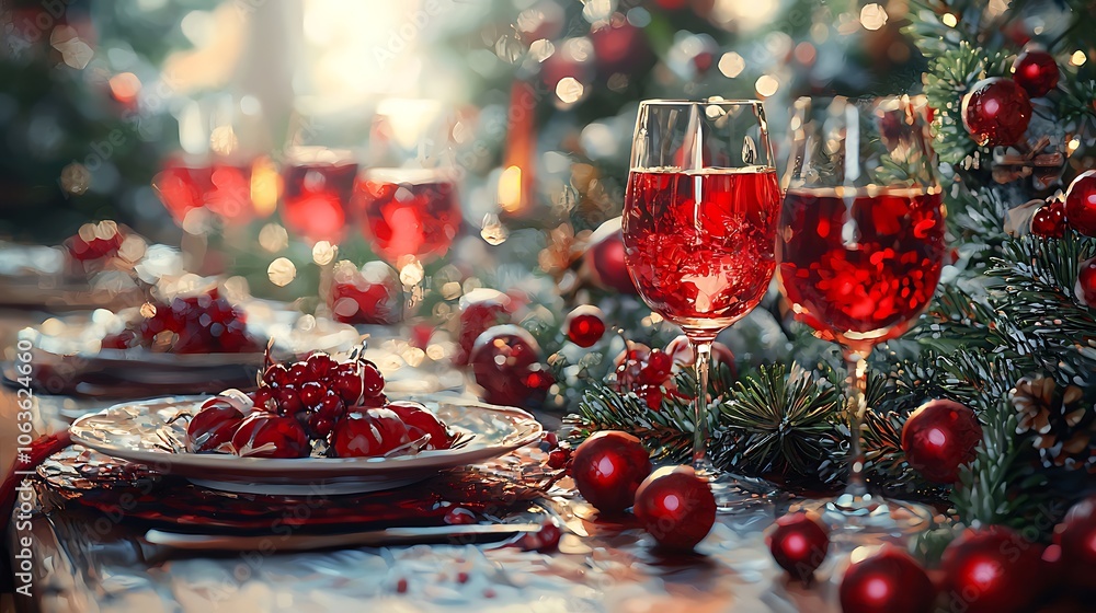 A beautifully set holiday table adorned with red drinks, festive decorations, and shimmering ornaments, creating a warm, inviting atmosphere. A beautifully set holiday table adorned with red drinks, festive decorations, and shimmering ornaments, creating a warm, inviting atmosphere.