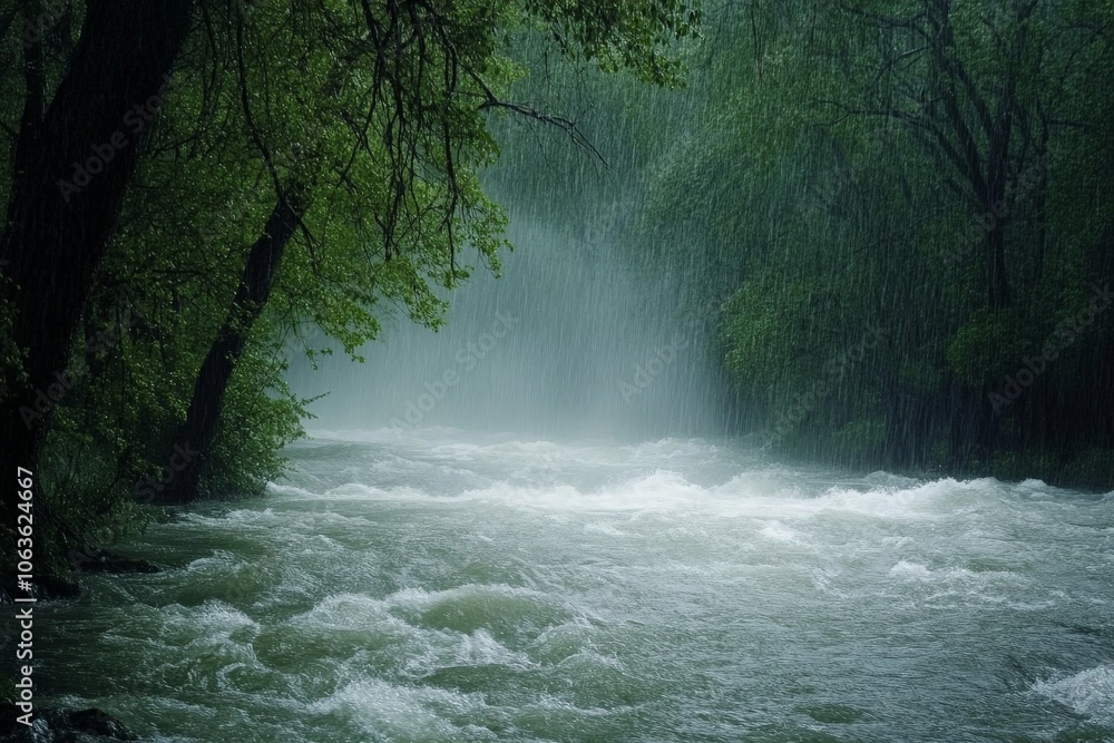 This image captures a powerful river flowing rapidly through a densely wooded forest, while heavy rain falls, creating a misty and dramatic natural landscape. This image captures a powerful river flowing rapidly through a densely wooded forest, while heavy rain falls, creating a misty and dramatic natural landscape.