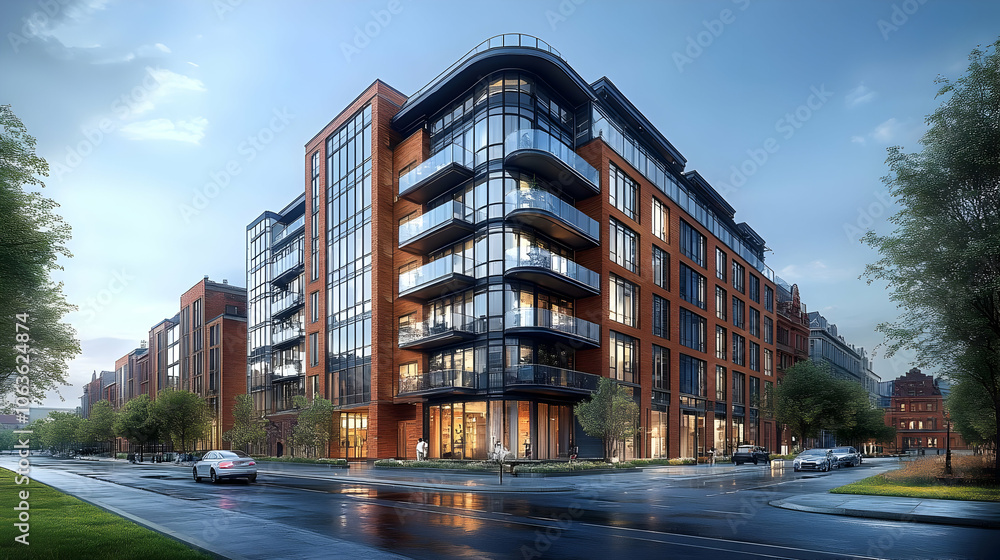 Fototapeta premium Modern Brick Apartment Building with Glass Balconies - 3D Illustration