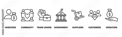 Stakeholder relationship banner web icon vector illustration concept for stakeholder, investor, government, and creditors with icon of community, trade unions, suppliers, and customers