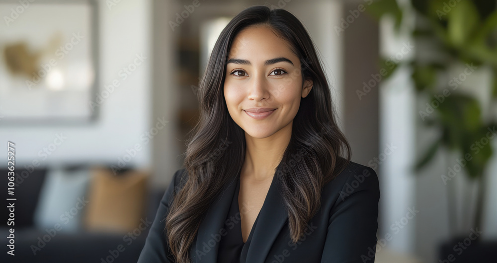 Confident Businesswoman in Modern Office Setting with Natural Light Confident Businesswoman in Modern Office Setting with Natural Light