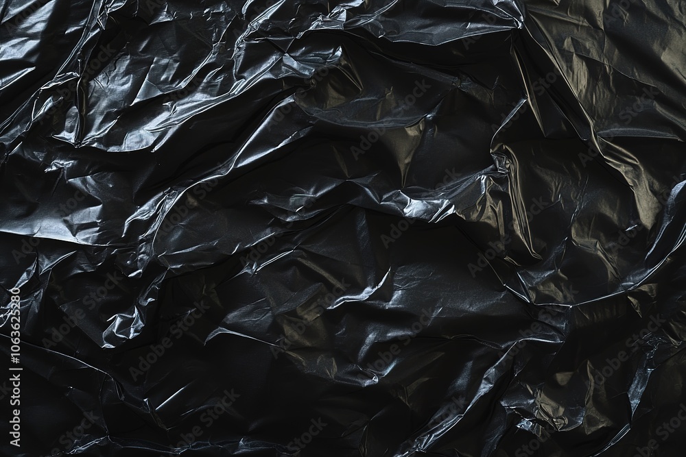 Black crumpled plastic bag texture, close-up, black background, high resolution Black crumpled plastic bag texture, close-up, black background, high resolution