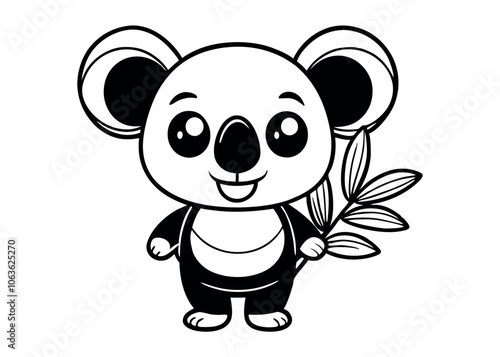 Cute Cartoon Panda Happily Holding Bamboo Leaves in a Playful Pose