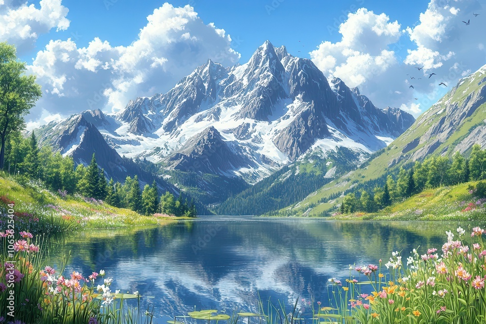 Fototapeta premium Alpine Paradise Mirrored: Where Snow-Capped Peaks Touch Azure Skies, Creating Nature's Perfect Symphony Through Crystal Lakes and Wildflower Dreams in Mountain's Most Majestic Reflection