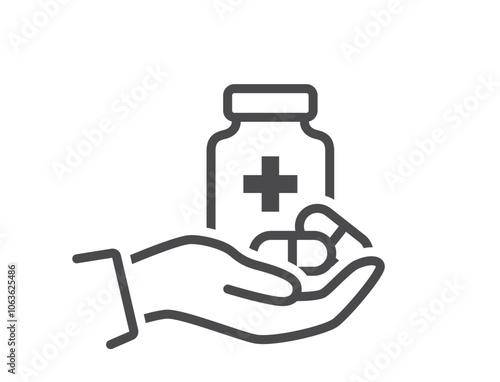 pills line icon. pharmaceutical and medication symbol. pill bottle in hand. Isolated vector image in simple style