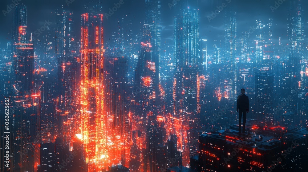 A solitary figure stands atop a skyscraper, gazing over a vast cyber landscape illuminated by intense red hues, evoking a sense of mystery and exploration. A solitary figure stands atop a skyscraper, gazing over a vast cyber landscape illuminated by intense red hues, evoking a sense of mystery and exploration.