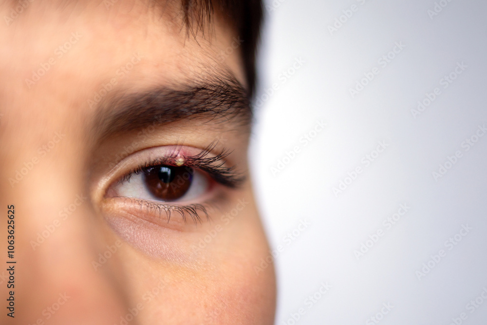 Close-up of human eye with small stye on upper eyelid in detailed macro view. Swollen and irritated skin around lashes. Health and medical concept for eye infection treatment and symptoms,
