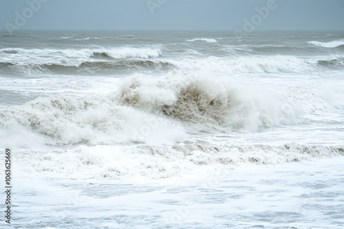 This striking image depicts high waves risen and crashing on an expansive ocean surface, showcasing the raw, untamed power of the sea during stormy weather.