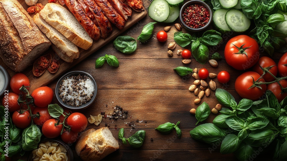 Rustic wooden table with fresh vegetables, herbs, bread, and sliced meat perfect for home-cooked meals Rustic wooden table with fresh vegetables, herbs, bread, and sliced meat perfect for home-cooked meals