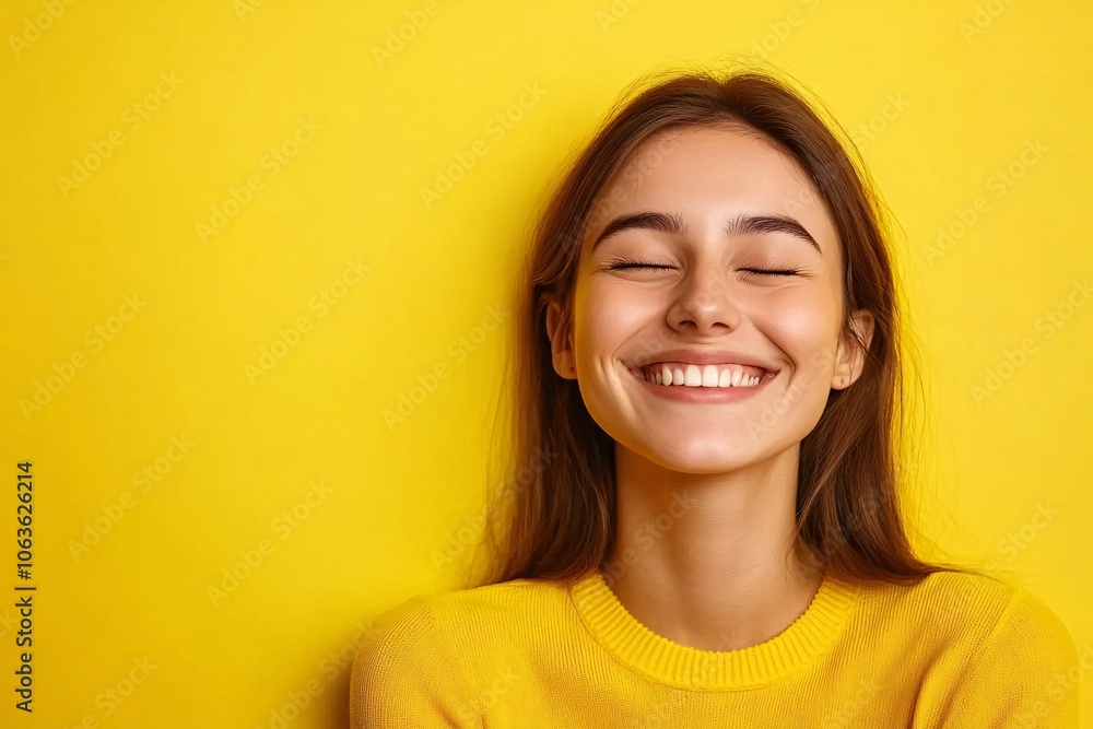 Happy Woman Smiling with Closed Eyes on Yellow Background Happy Woman Smiling with Closed Eyes on Yellow Background