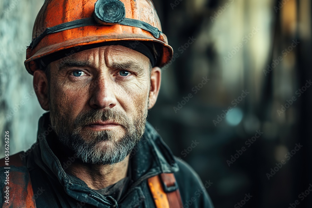 Close-up of gritty miner with intense stare and dirty helmet. Close-up of gritty miner with intense stare and dirty helmet.