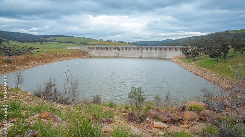 A serene view of a dam surrounded by lush greenery and a calm reservoir under a cloudy sky. A serene view of a dam surrounded by lush greenery and a calm reservoir under a cloudy sky.