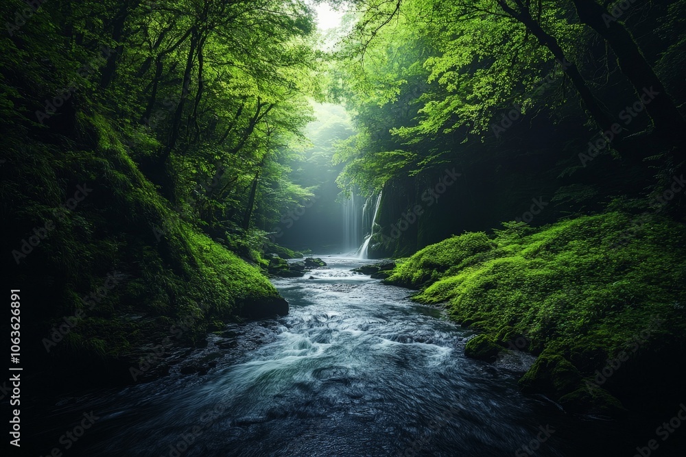 A vibrant stream flows through a dense, lush forest, leading the viewer's eye towards a distant waterfall while surrounded by vibrant greenery and tranquility. A vibrant stream flows through a dense, lush forest, leading the viewer's eye towards a distant waterfall while surrounded by vibrant greenery and tranquility.