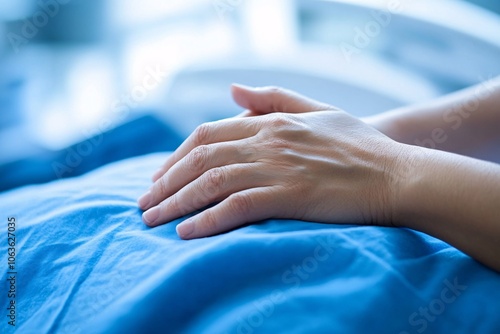 Close up of Hand Resting on Blue Fabric Medical Healthcare Comfort Relaxation Hospit photo