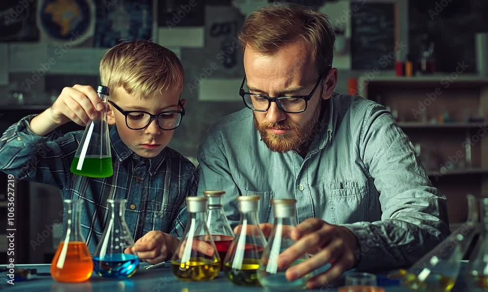 A man and a young boy conduct a science experiment with beakers and flasks A man and a young boy conduct a science experiment with beakers and flasks