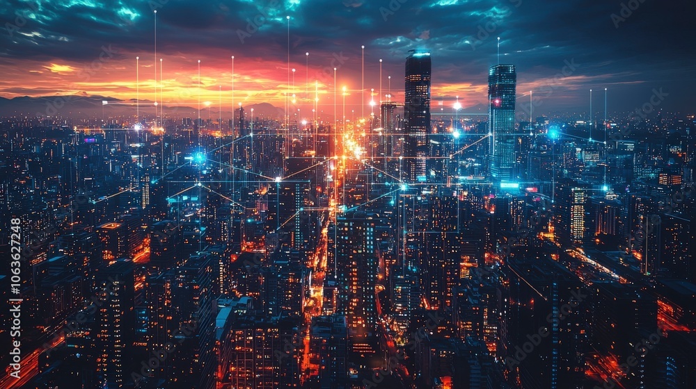 A breathtaking view of a city's skyline, interlinked by digital networks, casting vibrant evening colors as the sun sets, symbolizing technological progress. A breathtaking view of a city's skyline, interlinked by digital networks, casting vibrant evening colors as the sun sets, symbolizing technological progress.