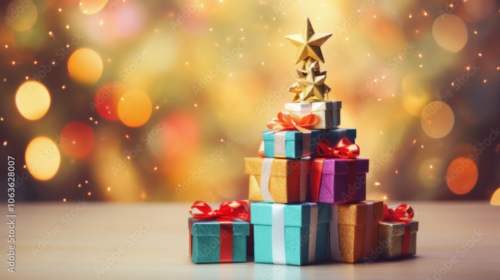 A Christmas tree made from small gifts and decorated with a star, copy space A Christmas tree made from small gifts and decorated with a star, copy space