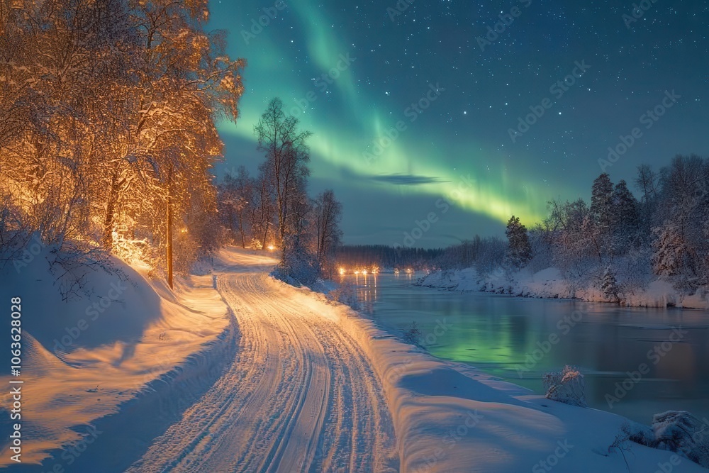 Naklejka premium majestic aurora borealis painting the night sky with swirling greens and purples over a snowy path winding through the tranquil finnish lapland softly illuminated by starlight