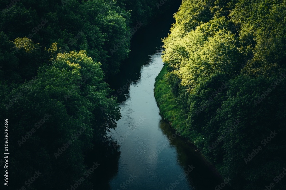 A serene river softly meanders through a lush, densely forested environment. Sunlight gently illuminates the greenery, creating a peaceful natural sanctuary. A serene river softly meanders through a lush, densely forested environment. Sunlight gently illuminates the greenery, creating a peaceful natural sanctuary.