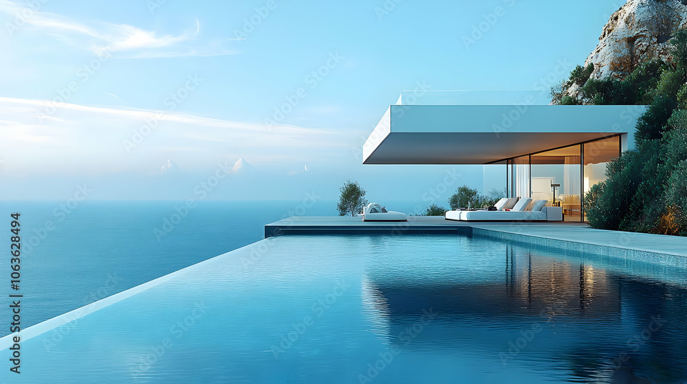 Fototapeta premium Modern House with Infinity Pool and Ocean View - 3D Illustration