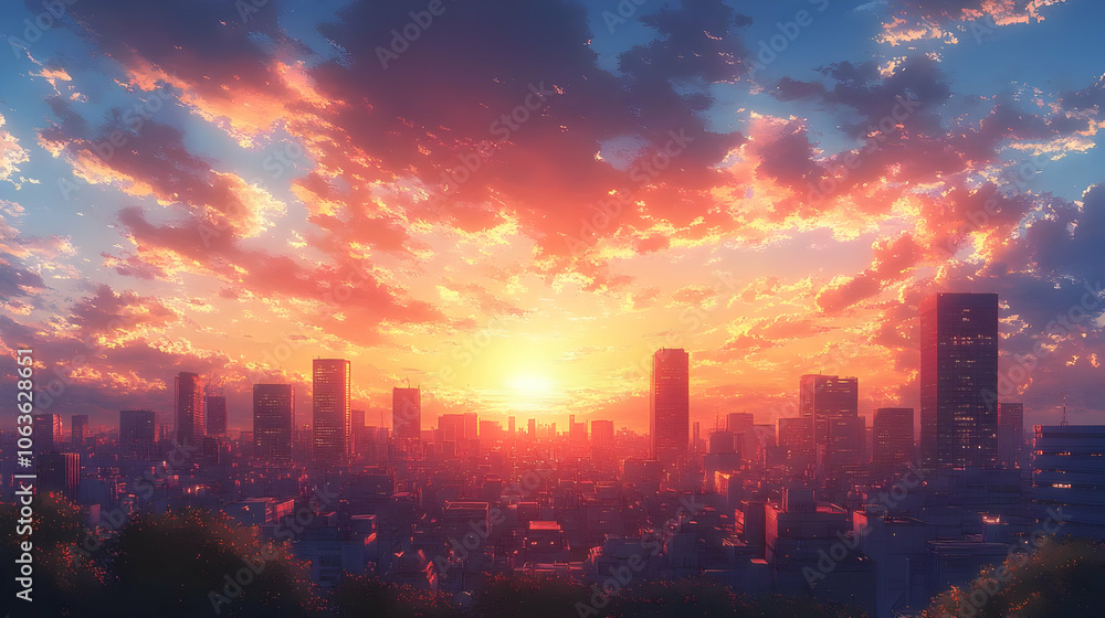 Cityscape Illustration with Sunset Sky Cityscape Illustration with Sunset Sky