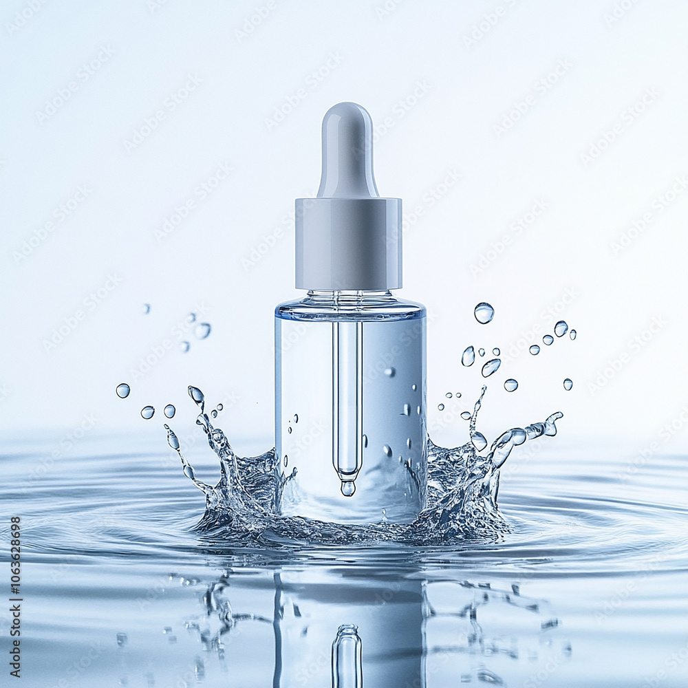 Serum Bottle with Water Splash on Light Blue Background Serum Bottle with Water Splash on Light Blue Background