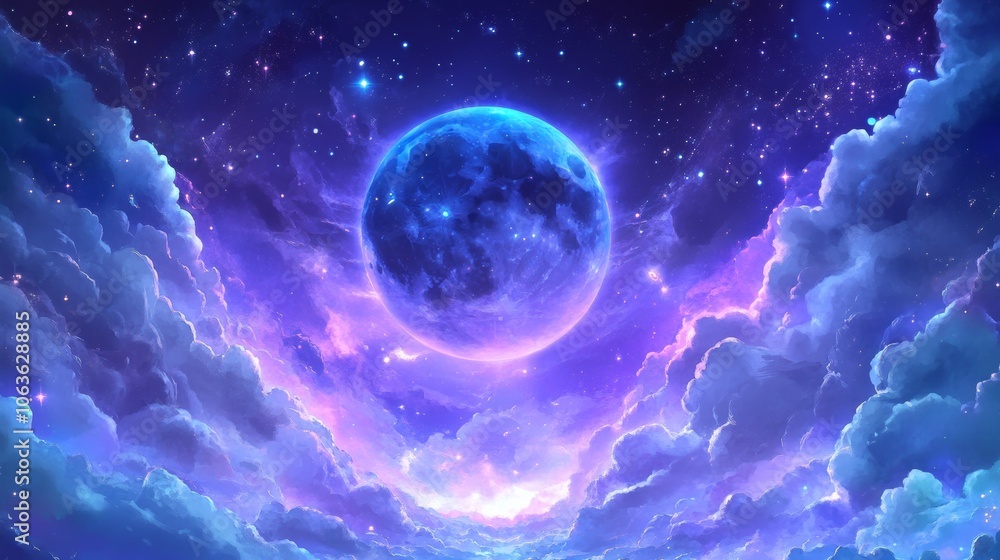 A vibrant cosmic scene featuring a large blue moon amidst colorful clouds and a starry sky. A vibrant cosmic scene featuring a large blue moon amidst colorful clouds and a starry sky.