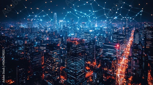 Depicted is a vast urban landscape illuminated by vibrant lights and overlaid with digital networks, suggesting an era of technological progression and connectivity.