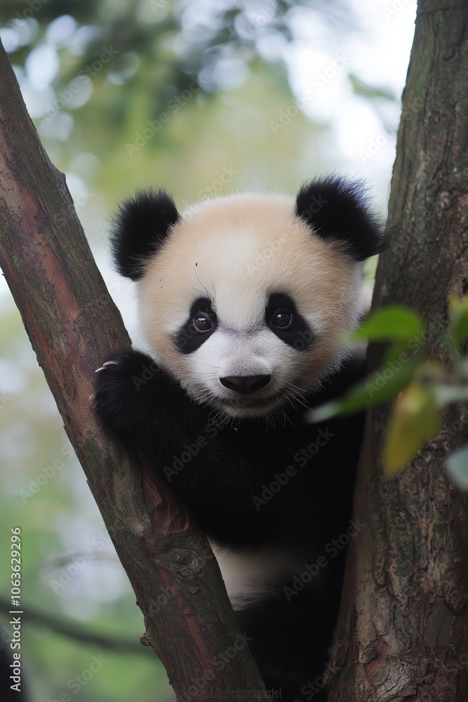 A playful panda cub clings to a tree, captivating with its cuteness and natural charm. A playful panda cub clings to a tree, captivating with its cuteness and natural charm.