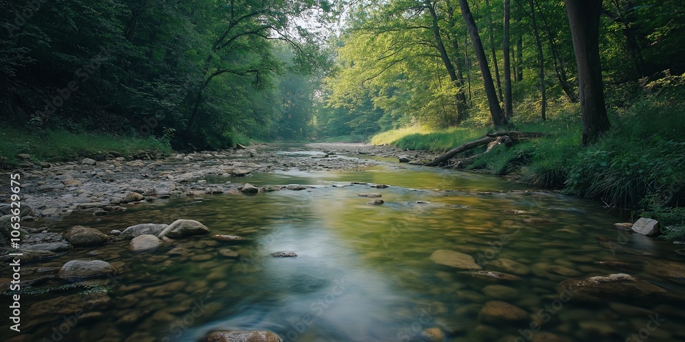 A quiet stream flowing through a lush green forest, surrounded by trees and rocks under a peaceful sky. A quiet stream flowing through a lush green forest, surrounded by trees and rocks under a peaceful sky.