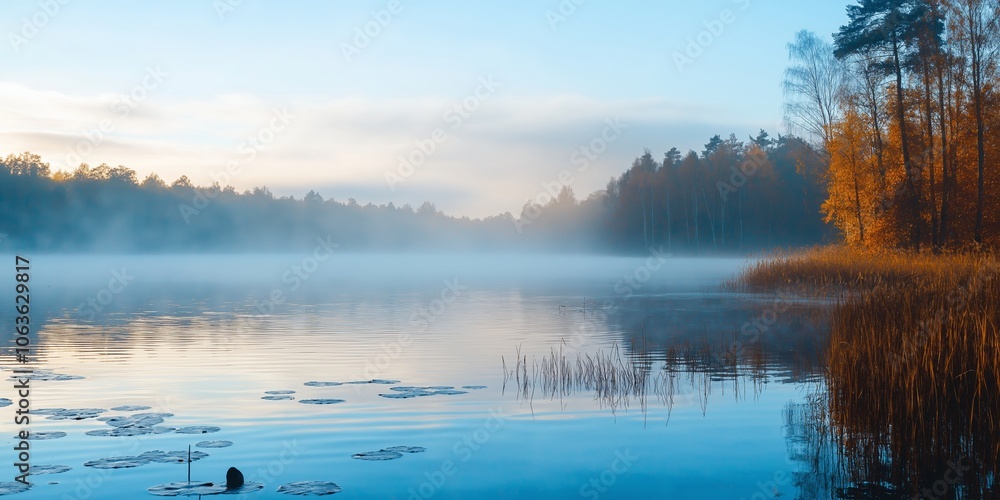 Fototapeta premium Misty lake reflecting autumn colors while the sunrise peeks through the trees.
