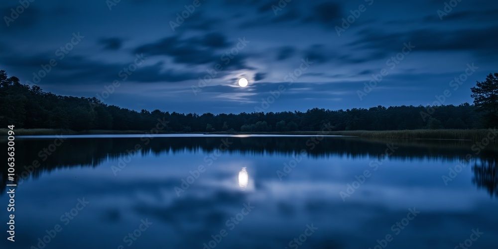 A tranquil nighttime scene with a full moon casting its reflection over a serene lake surrounded by lush trees. A tranquil nighttime scene with a full moon casting its reflection over a serene lake surrounded by lush trees.