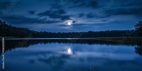 A tranquil nighttime scene with a full moon casting its reflection over a serene lake surrounded by lush trees. photo