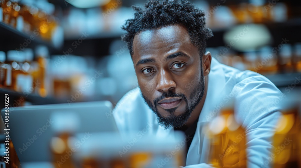 A young scientist looks intently at a tablet in a laboratory. A young scientist looks intently at a tablet in a laboratory.