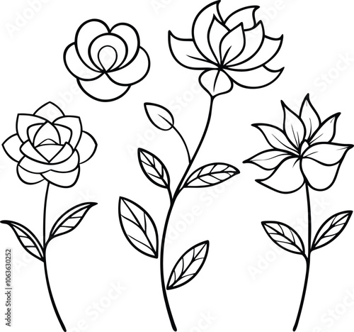 Set of single black one line drawing floral pattern concept. Continuous line draw design graphic vector