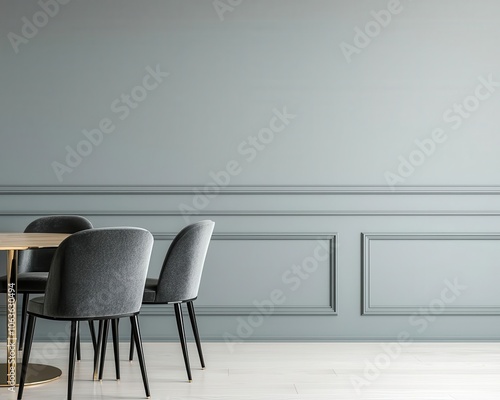 Sleek dining room with upholstered chairs, polished wood table, and subtle gold accents, modern classic elegance