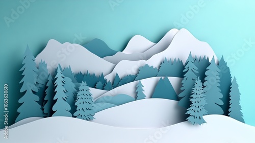 A serene winter landscape created with paper cutouts, featuring mountains and evergreen trees.