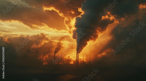 A power plant emitting thick clouds of smoke into the atmosphere, darkening the sky and symbolizing the severe impact of industrial pollution on the environment.