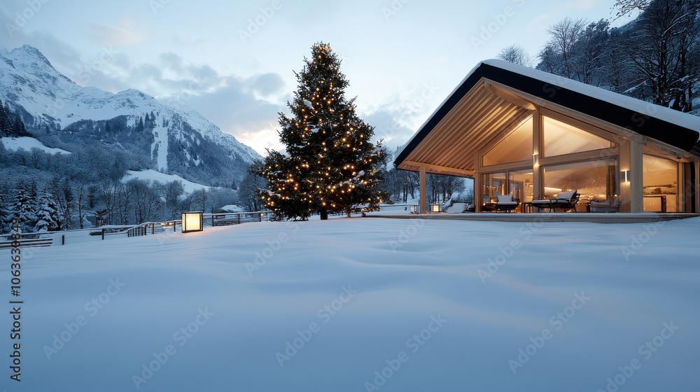 Cozy Cabin in Snowy Mountains with Christmas Tree Lights Cozy Cabin in Snowy Mountains with Christmas Tree Lights