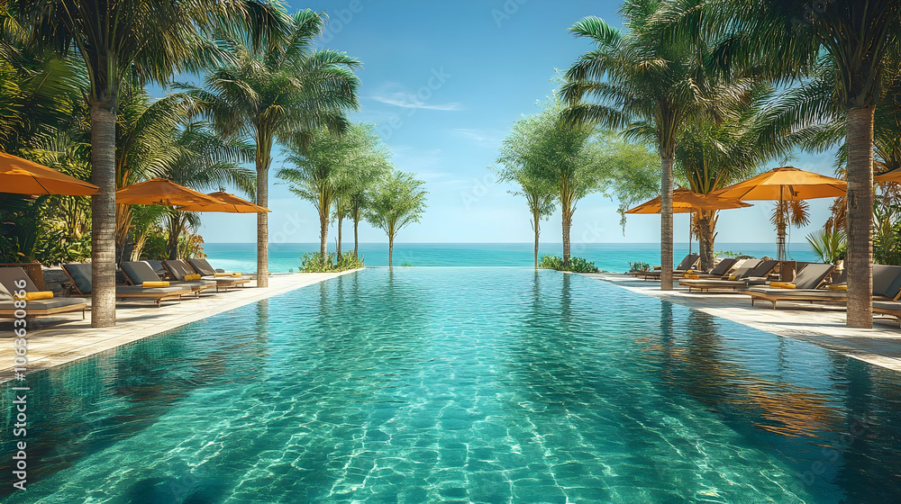 Fototapeta premium Tropical Paradise Pool with Ocean View - Realistic Image
