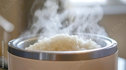 Steamy rice inside an electric rice cooker, lid partially open, with thick steam clouds visible as rice cooks to perfection. photo