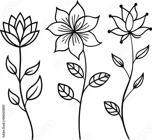 Set of single black one line drawing floral pattern concept. Continuous line draw design graphic vector