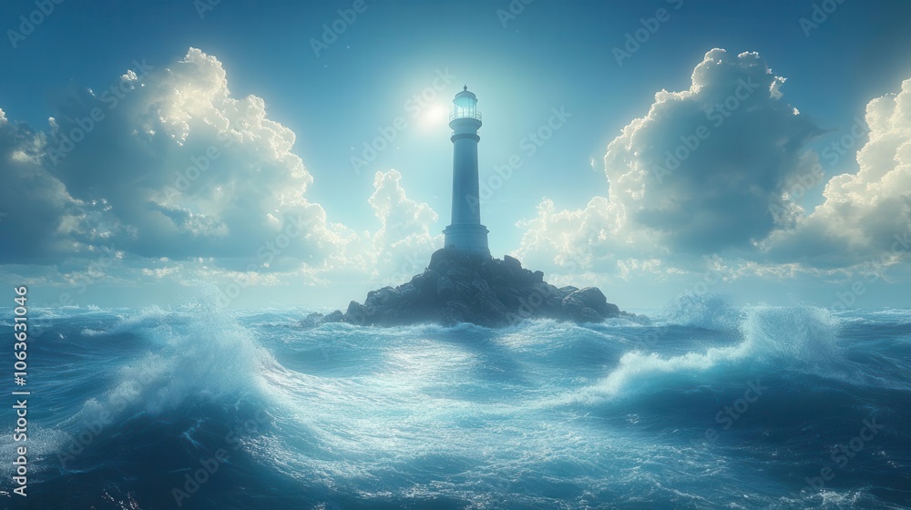 Fototapeta premium majestic lighthouse standing proudly on an island in the vast ocean rendered in a stunning 3d style showcasing dramatic waves crashing against the rocks evoking a sense of adventure and solitude