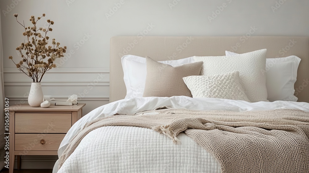 Bedroom with classic nightstands, elegant bedding, soft tones, modern classic sanctuary Bedroom with classic nightstands, elegant bedding, soft tones, modern classic sanctuary
