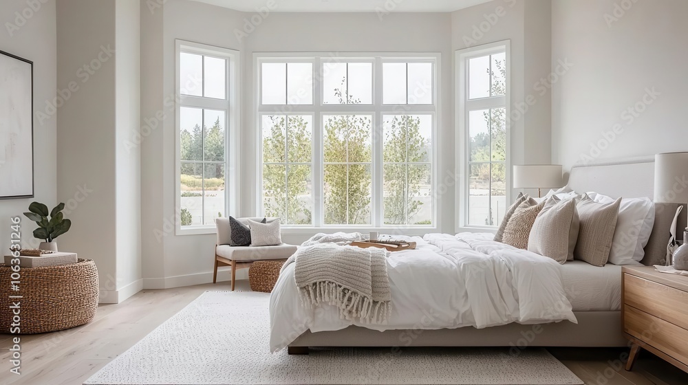 Master bedroom with large bay windows, refined furnishings, neutral color scheme, modern classic serenity Master bedroom with large bay windows, refined furnishings, neutral color scheme, modern classic serenity