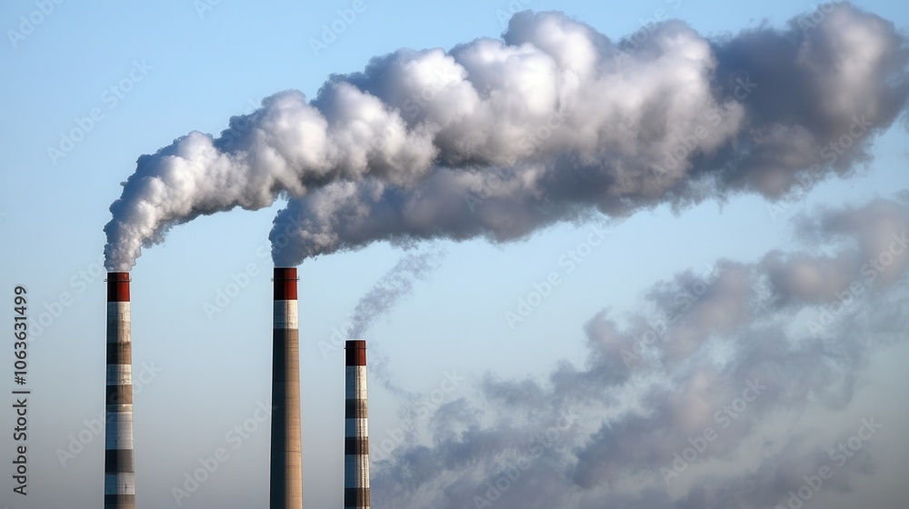 Rows of factory chimneys belching smoke into the air, forming a grey haze over the area, a stark representation of pollution and environmental harm. Rows of factory chimneys belching smoke into the air, forming a grey haze over the area, a stark representation of pollution and environmental harm.