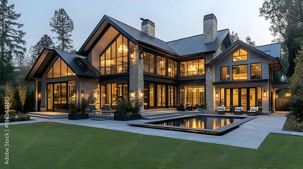 Modern Farmhouse with Pool - Architectural Illustration Modern Farmhouse with Pool - Architectural Illustration