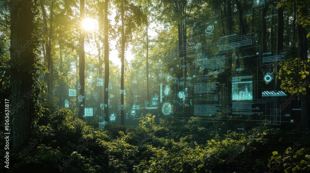 Fototapeta premium Forest landscape combined with transparent tech icons, showcasing innovations in achieving net zero carbon goals. 
